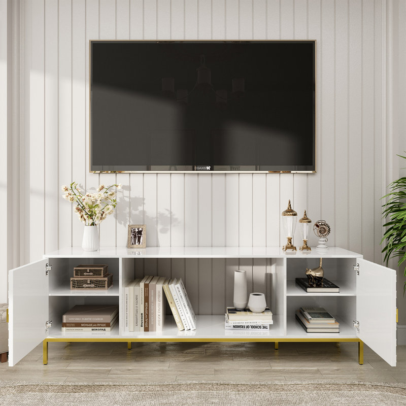 Meuble télé moderne pour téléviseurs jusqu'à 70 pouces, centre multimédia avec rangement, tablettes ouvertes et système de gestion des câbles, blanc