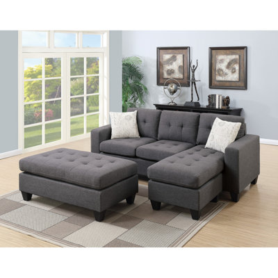 Adeon Modern Sofa Polyfiber Linen Like Fabric 3Pcs Reversible Sectional Sofa Chaise W Ottoman Chaise Tufted Couch Lounge