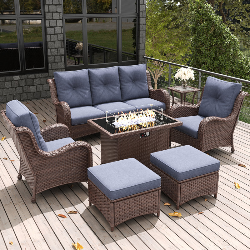  7 Pieces Outdoor Patio Furniture Set With Fire Pit Table, Rattan Wicker Sectional Chairs Sets With Ottomans, Single Chairs And Coffee Table