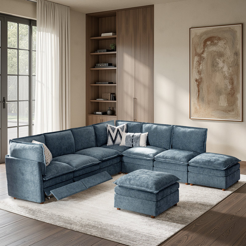 Cashin 127.5“ Modern Oversized Double-Layer Cushion Storage Sectional Sofa with Extendable Foot Pedal, Blue Polyester