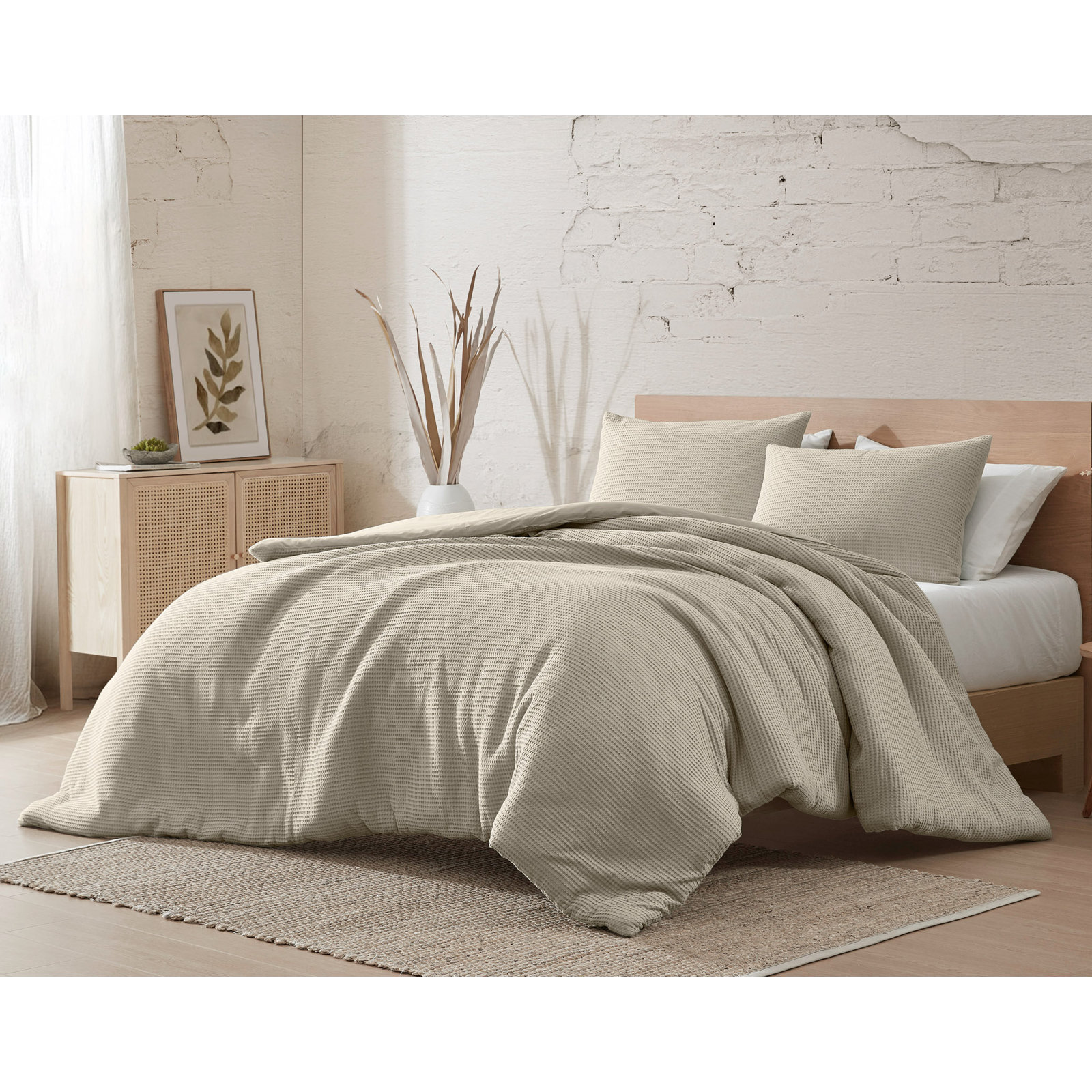 Cotton Waffle Duvet 3 Pc , Beige, King Duvet Cover + 2 King Shams