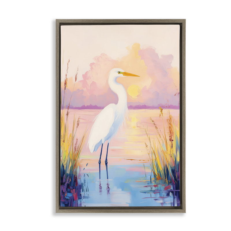 Cadre flottant Egret Under Beaming Sunset, design par Arlington Prints, H 31 po x l 21 po, Cadre flottant orme Montalcino