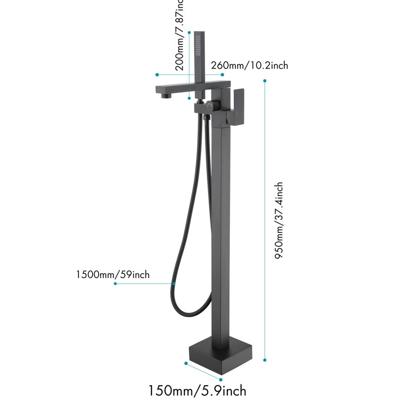 Robinet de baignoire au sol en acier inoxydable - avec douche à main et bec pivotant à 360 ° au fini noir mat avec fonction de rotation réglable à haut débit