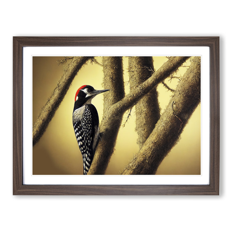 Handsome Woodpecker Bird - Single Picture Frame Painting, 25cm H x 34cm W x 2cm D, Walnut