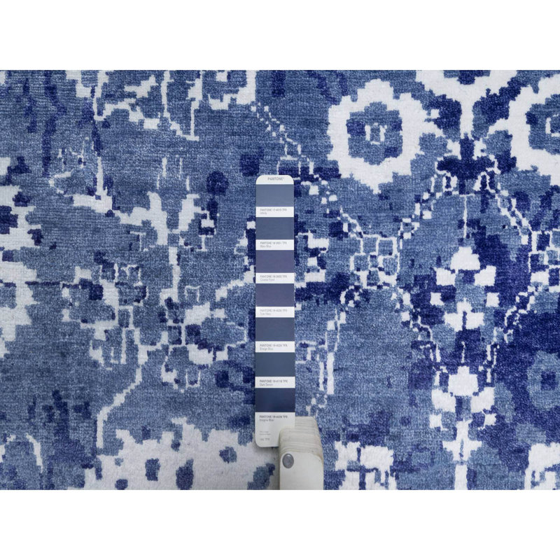 Tapis Yale bleu 9 pi x 12 pi, noué à la main, ton sur ton, motif oriental Tabriz avec motif de feuilles, épais et moelleux, laine et soie, tapis oriental