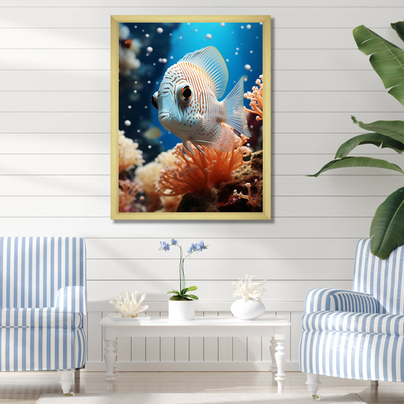 «Orange Butterfly Fish Coral Wonders II», art mural poisson papillon, Cadre doré simple, H 20 po x l 12 po x P 1 po