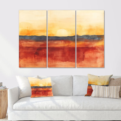 Terracotta Horizon Canvas, Rust Abstract Wall Art - Desert Horizon In Rust And Clay 3 Piece Framed Canvas Wall Art Set Modern Desert Decor