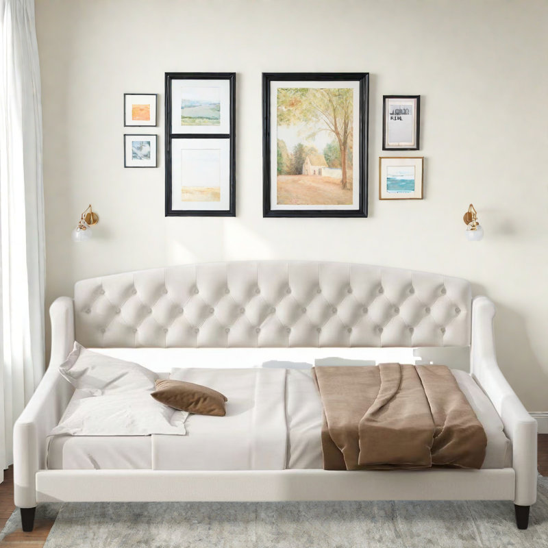 Lit de jour moderne avec bouton capitonné et pieds solides, Beige