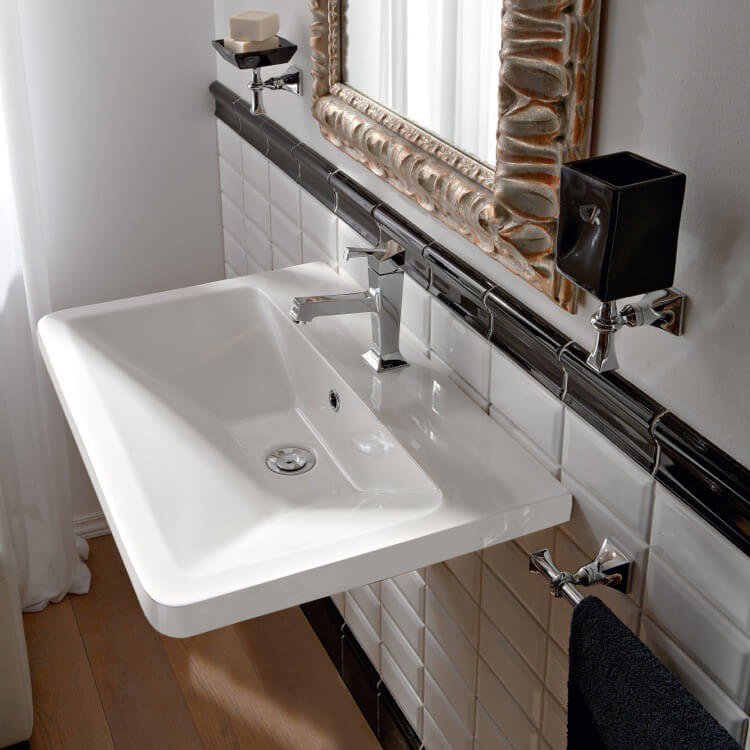 Lavabo de salle de bain vasque rectangulaire en céramique avec trop-plein Butterfly, Monotrou