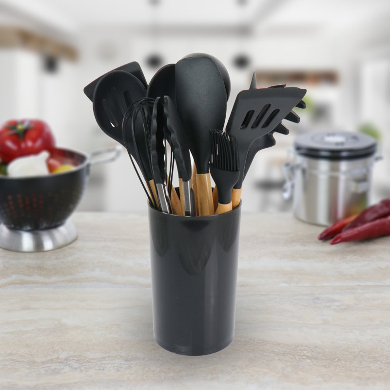 MegaChef 12 Piece Black Silicone and Wood Cooking Utensil Set