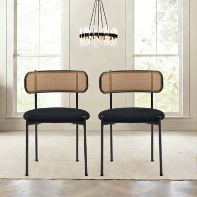 Rattan Dining Chairs, Farmhouse Metal Dining Room Chairs With Upholstered Cushion, Mid-Century Modern Cane Chairs Set With Curved Backrest For Kitchen Restaurant, Black