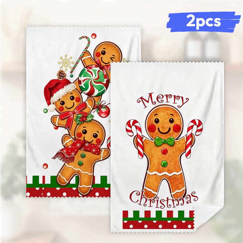  Essuie-tout de Noël en microfibre, linges à vaisselle réutilisables absorbants, décoratifs résistants à la décoloration, canne de bonbon en pain d'épice brun 16 po x 24 po