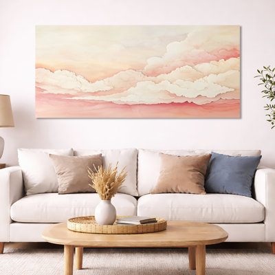 Toile de ciel aquarelle, art mural nuage rose, nuages aquarelle rose
