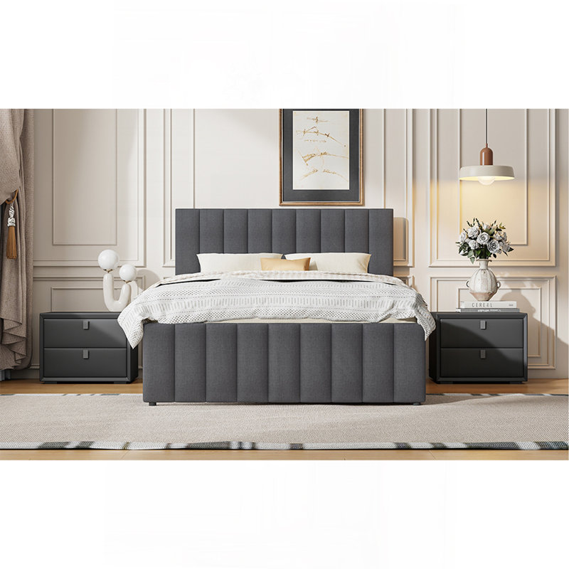 Lit plateforme double tapissier avec lit gigogne simple et 3 tiroirs, tissu en lin, gris