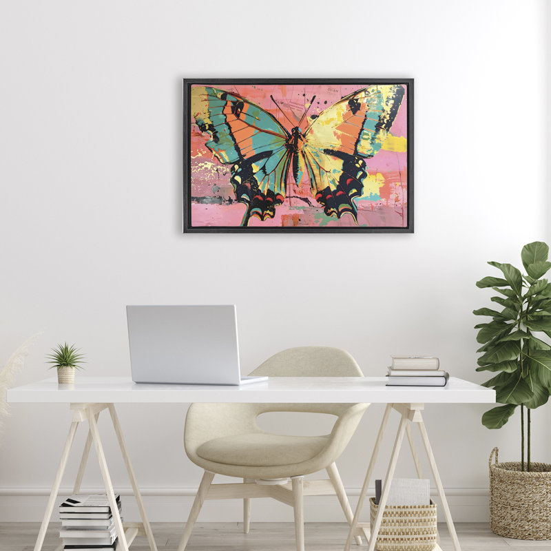 Papillon rétro sur cadre flottant rose abstrait, design par LSR Design Studio, Cadre flottant noir de jais, H 17 po x l 25 po