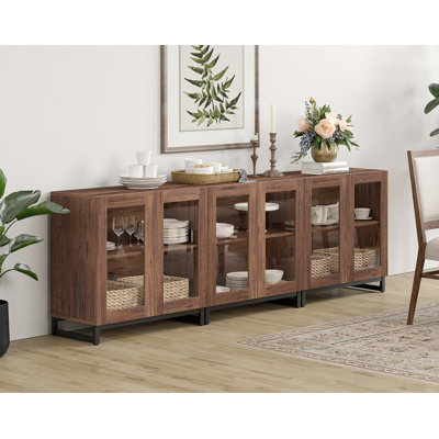Buffet 3 en 1 multifonctionnel avec 6 portes en verre, crédence moderne avec tablette ajustable et base en métal, armoire de rangement pour bar, salon, cuisine