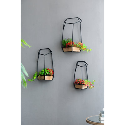 De 3 jardinières murales en fer noir et bois de sapin géométriques, idéales pour la décoration intérieure, dimensions: L 9,8 x 9,8 x 16,5 m, 8,3 x 8,3 x 15,4 x 7,1 x 7,1 x 13,4 pouces, avec trois cadres