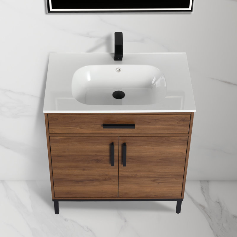 Meuble-lavabo autoportant de 30 po avec lavabo - Armoire en bois massif avec lavabo en céramique, portes à fermeture en douceur et rangement réglable pour les petites salles de bain