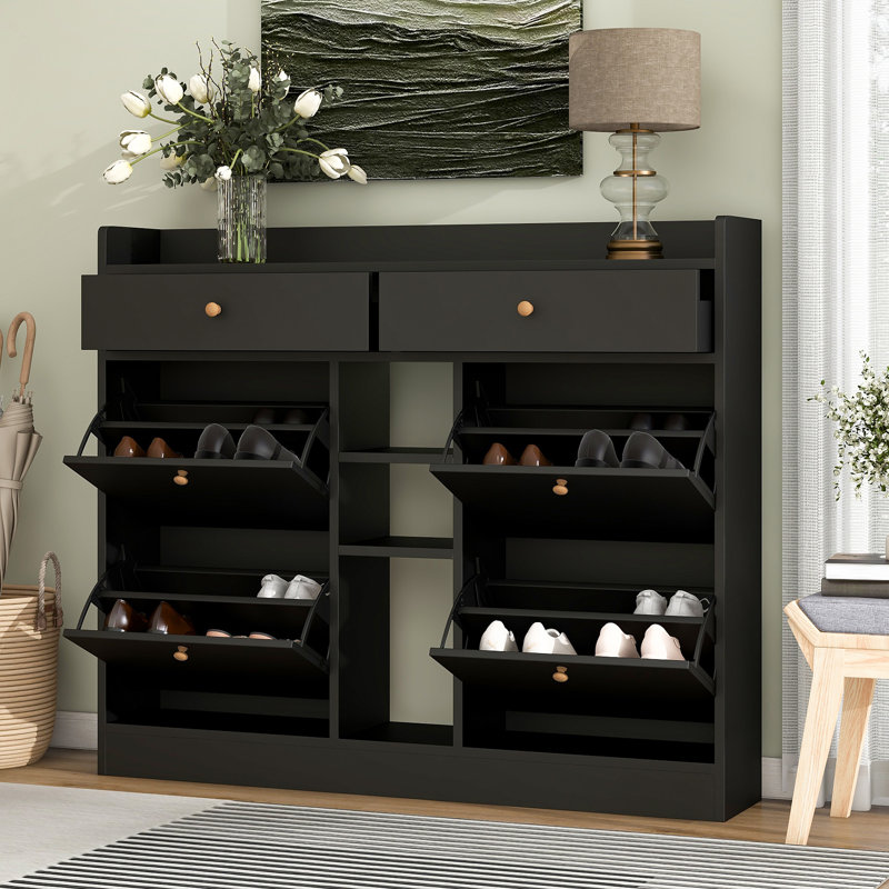 Modern Tipping Bucket Shoe Cabinet with Flip Drawers and Adjustable Shelves, a Multifunctional Storage Organizer for Entrance Hallway.