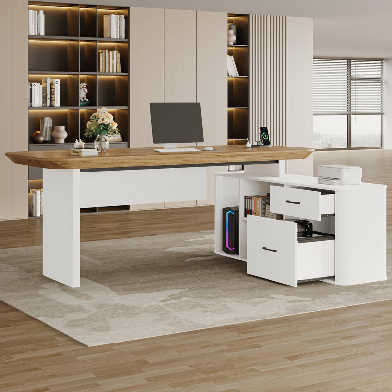 Grand bureau de direction en L de 78,7 po avec prise de courant, grand bureau avec tiroirs, tiroirs à dossiers, armoire de rangement, plateau de table épais de 1,8 po, grand bureau d'ordinateur pour le bureau personnel, blanc et noyer