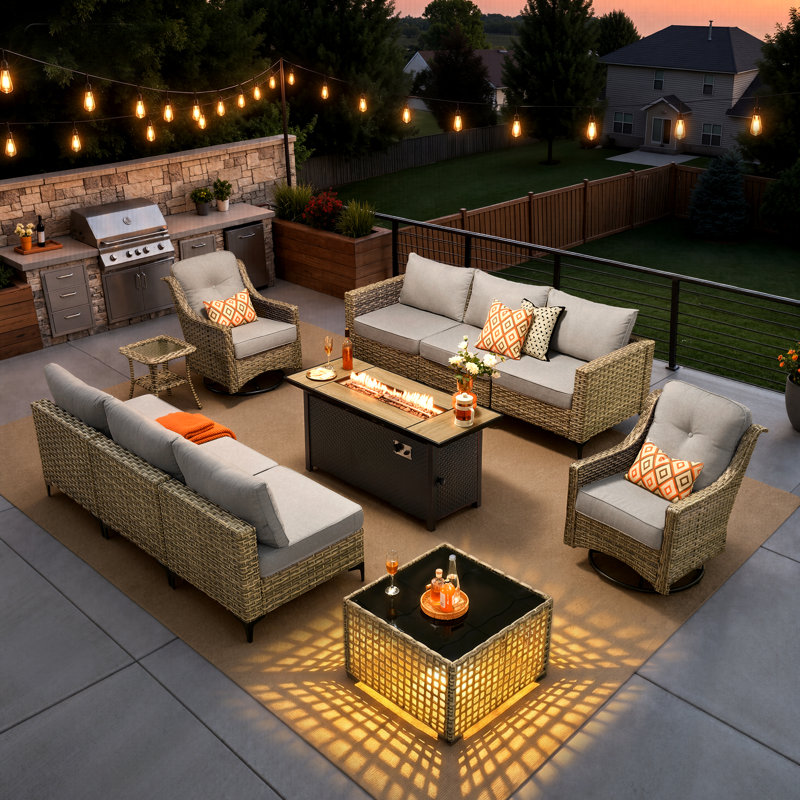Emroy 8 - Person Wicker/Rattan Sectional Seating Group with Lighted Coffee Table and Swivel Chairs, All Weather Modular Outdoor Conversation Set with Cushions