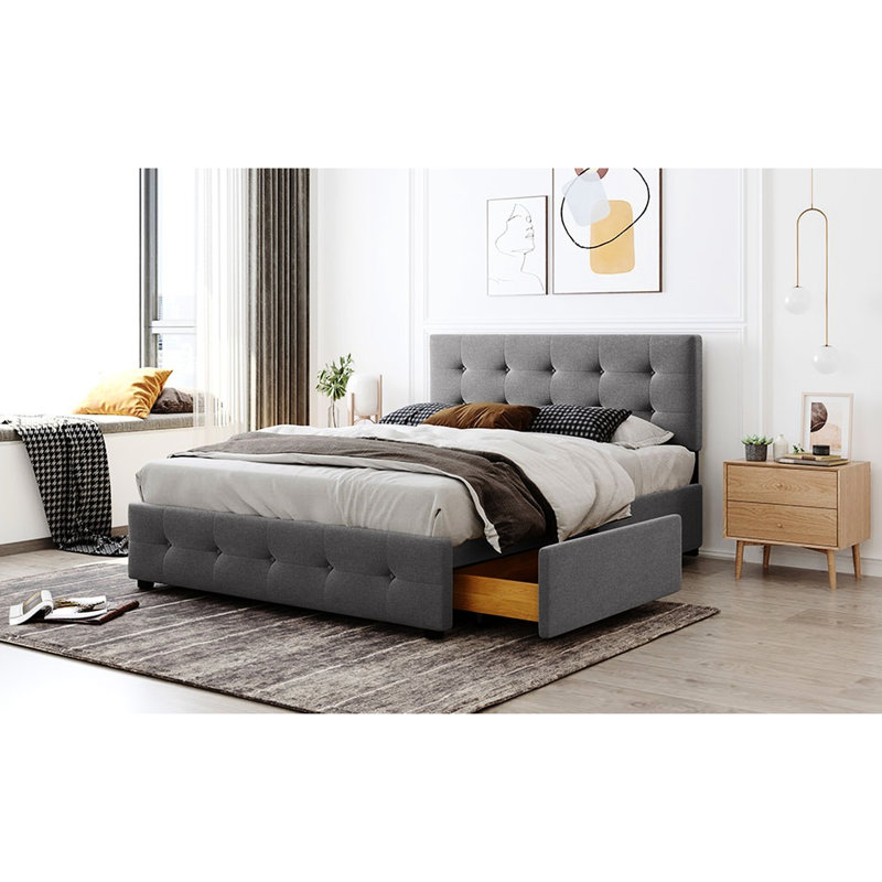 Lit plateforme tapissier avec tête de lit et 4 tiroirs, aucun sommier nécessaire, tissu en lin, grand