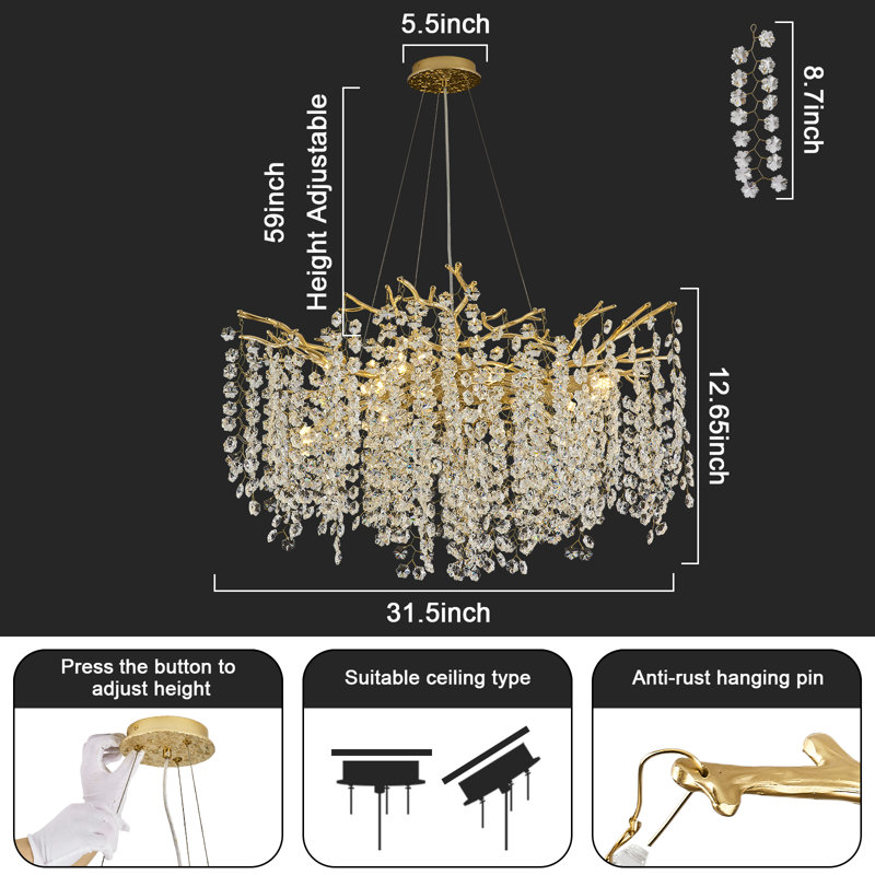 Tree Branch Snow Crystal Chandelier Lighting 32"D, Gold/White
