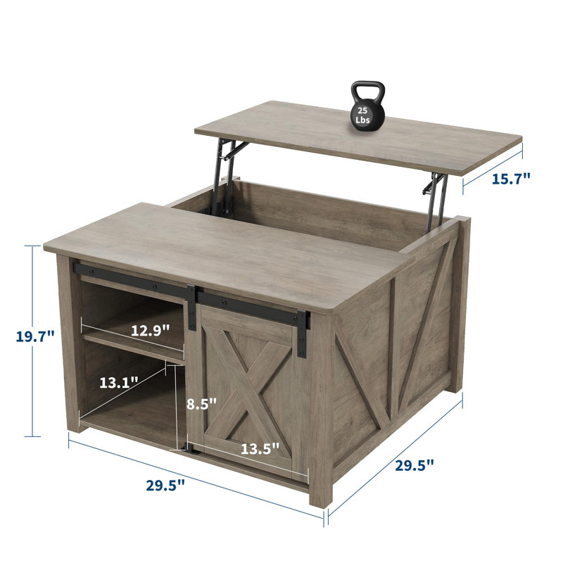 Table basse carrée de style ferme de 80 cm avec grand compartiment de rangement dissimulé, table centrale rustique aspect bois pour salon, grise