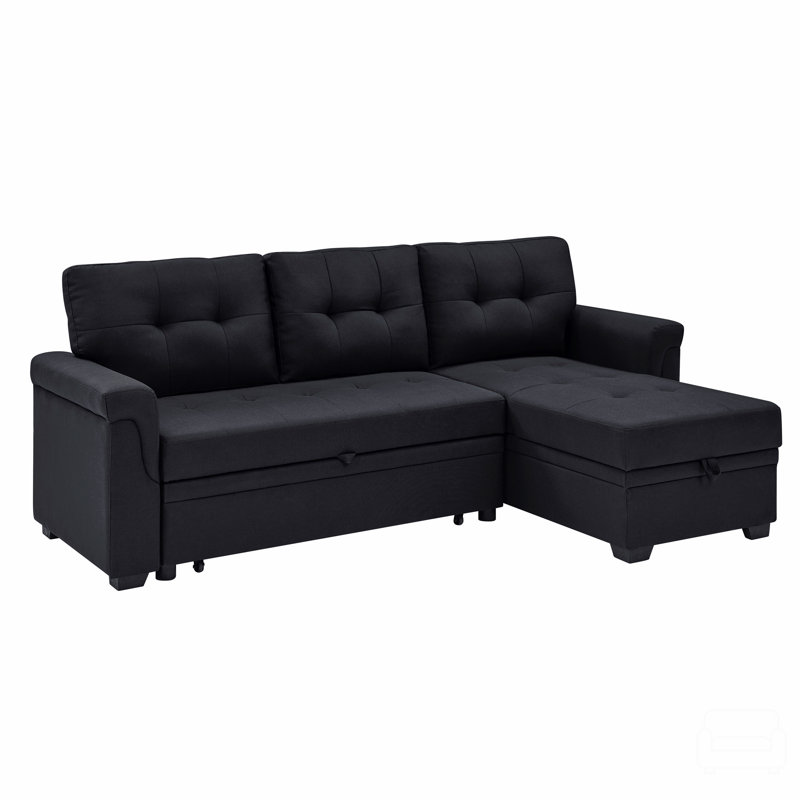Upholstered Pull-Out Sofa Bed, Black Polyester