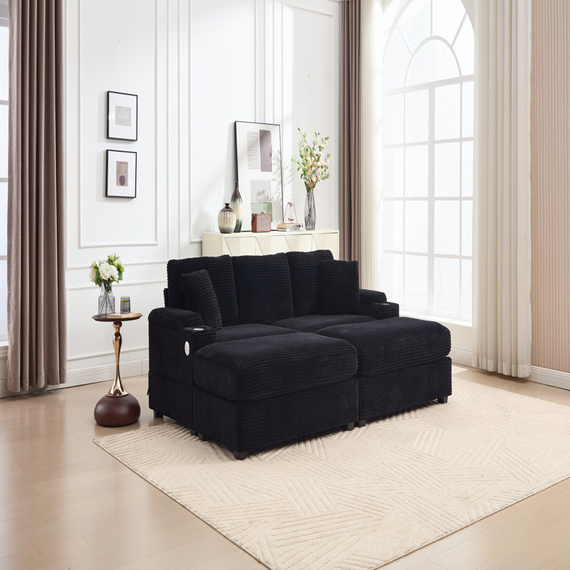 Ensemble de canapé-lit modulaire convertible modulaire avec rangement pour accoudoirs, porte-gobelets en acier inoxydable, charge USB et sièges profonds pour le salon, le loft ou le bureau