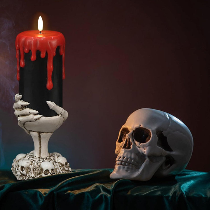 Flickering Flameless Ghost Hand Candles:4×11 Inches, Battery Operated, Black Wax, 3D Wick & Red Blood Dripping