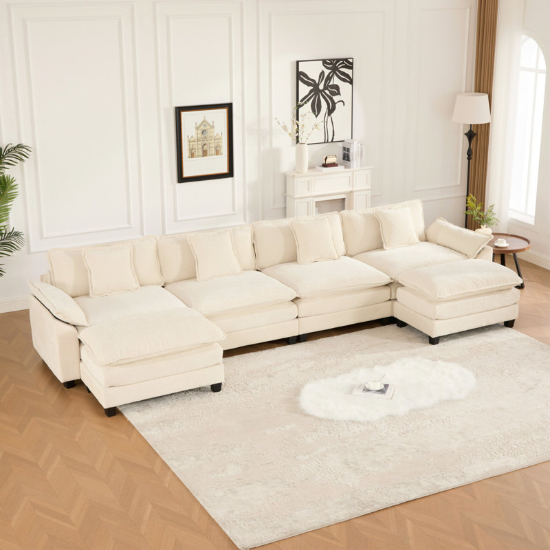 Grid U Shaped Modular Sectional Sofa, Oversized Cloud Couch With Ottoman, Beige Chenille, 33" H x 153" W x 30" D