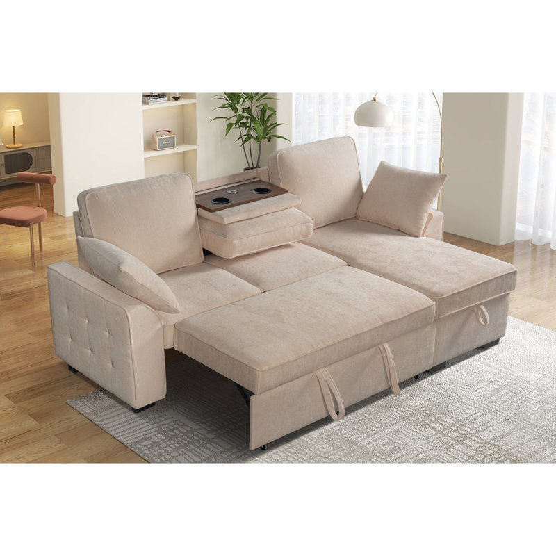 Canapé modulaire multifonctionnel à 3 places avec plateau amovible et porte-gobelets, chaise de rangement, dossiers réglables, revêtement en chenille douce, structure en bois beige pour plateau porte-espace, méridienne