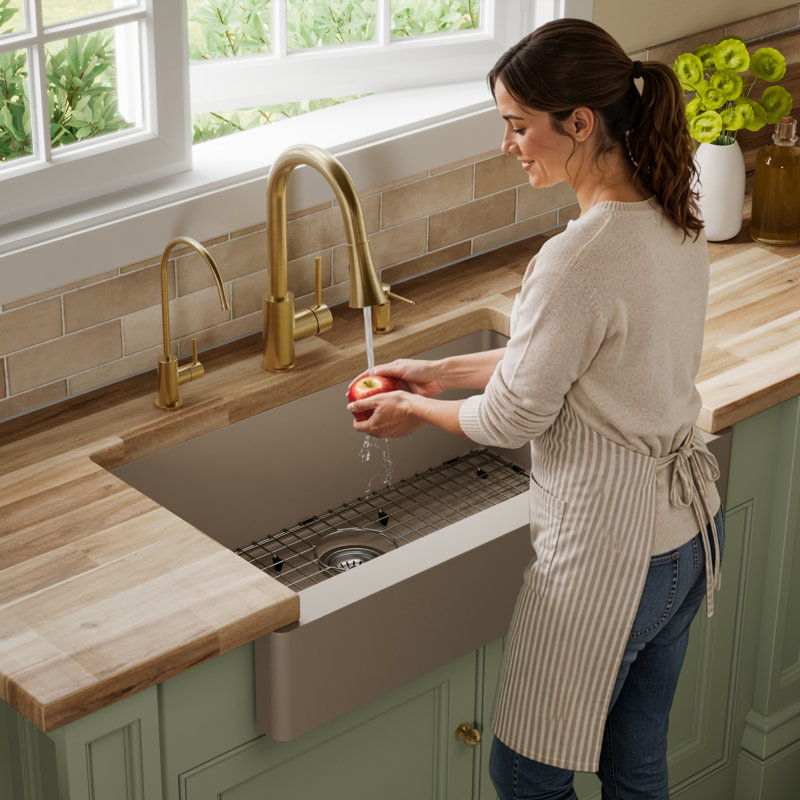 Karran Quartz 34'' X 21-1/4'' Single Bowl Retrofit Farmhouse/Apron Front Kitchen Sink Kit, Concrete