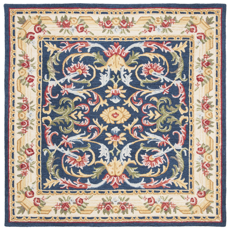 Tapis ivoire / bleu marine en laine / coton touffeté à la main Ozella, Carré 6 pi