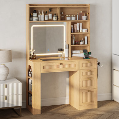 Makeup Vanity Desk With 5 Drawers, All-in-one Vanity With 3-color Lighted Mirror, Charging Station, Hair-dryer Holder, 8 Shelves For Bedroom