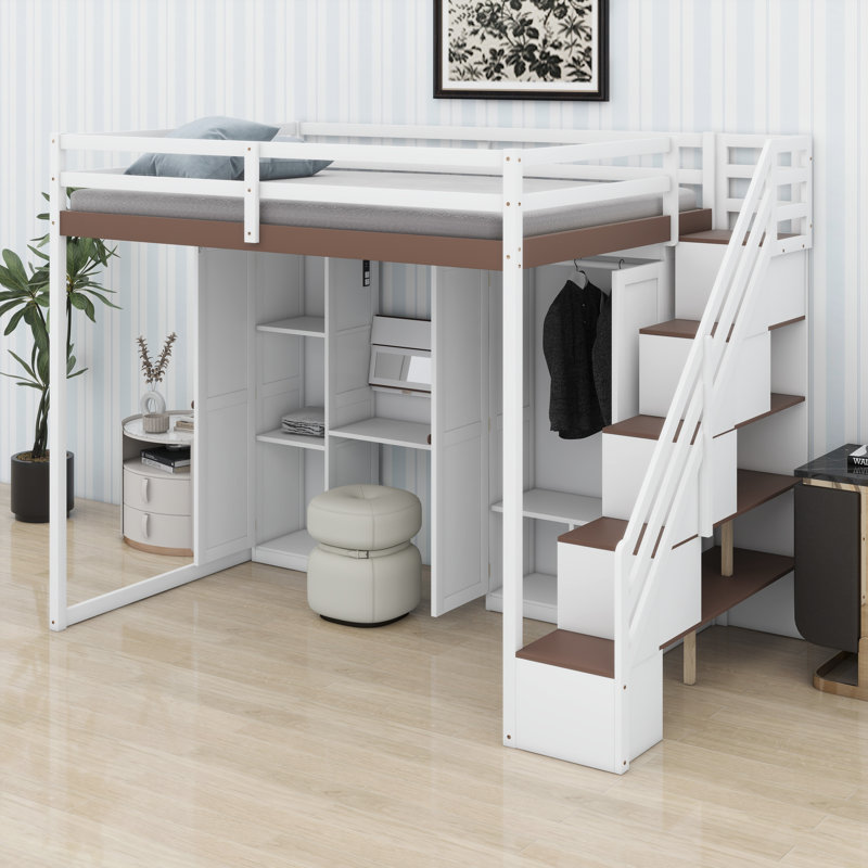 Multifunctional Loft Bed Featuring Built-In Stair Storage, Vanity Desk, Wardrobe, USB Ports & LED Lights, White/Brown