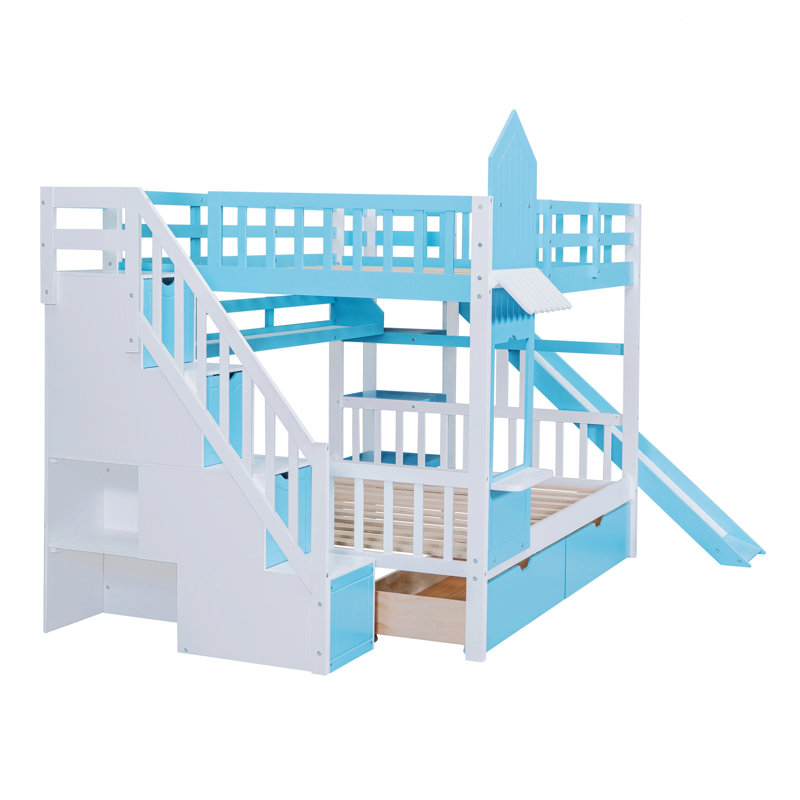 Cadre de lit, lit superposé de style château avec 2 tiroirs et 3 tablettes et une glissoire, Blue/White