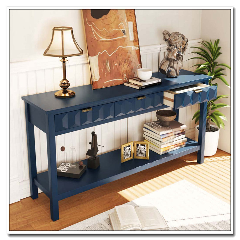 60'' Fir Veneer Entryway Table with Honeycomb-patterned Fronts,Modern Stylish Console Table, Navy Blue