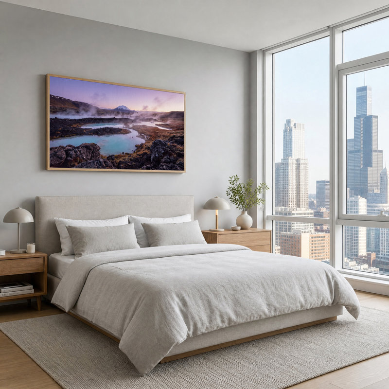 Steamy Turquoise Hot Spring And Snowy Mountain Canvas Wall Art