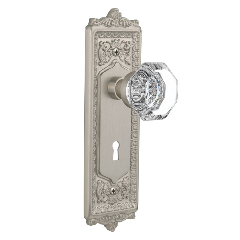 Egg & Dart Plate avec trou de serrure décoratif et bouton de porte Waldorf, Nickel satiné, 2 3/4 po