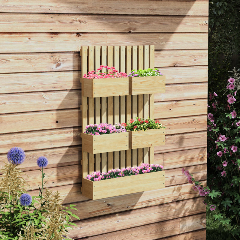 Lit de jardin surélevé 5 boîtes avec treillis pour herbes - réglable, auto-drainant, fabrication en bois naturel, hauteur réglable, plantes grimpantes auto-drainantes