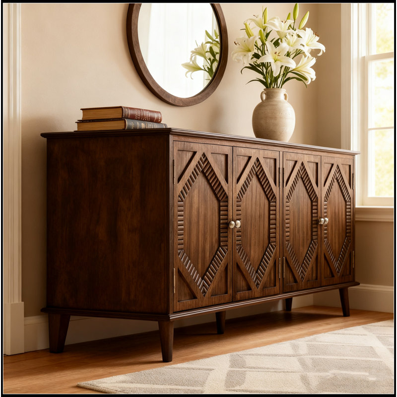 65.2" Cabinet With Storage, Symmetrical Geometric Accent Coffee Bar Wine Bar Storage Cabinet, Large Console Table For Living Room/Entryway/Kitchen