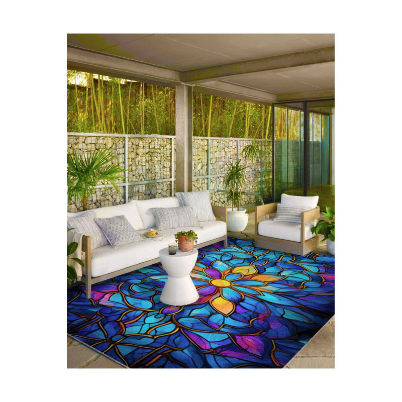Tapis tissé à motif floral lavable bleu, Sous-tapis rectangulaire 5 pi 1 po x 7 pi 7 po inc