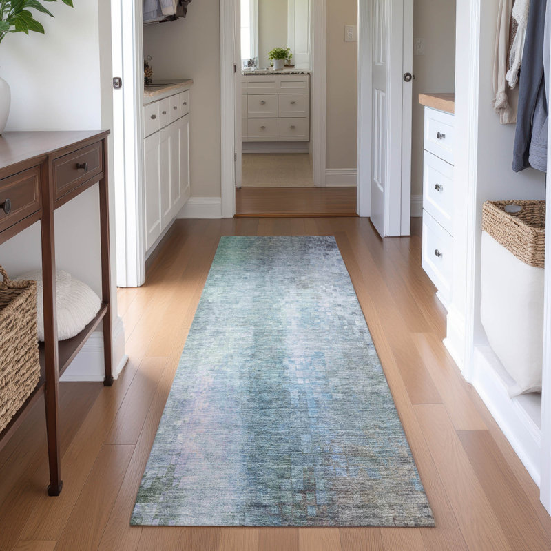 Premium Machine Washable Mayfield AMF2241 Abstract Rug, Seafoam, 2'3" x 7'6" Runner