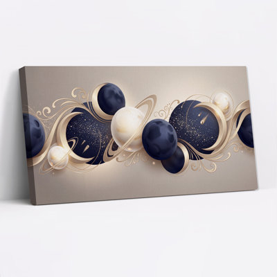 Navy Blue Planets and Gold Swirls Canvas Wall Art