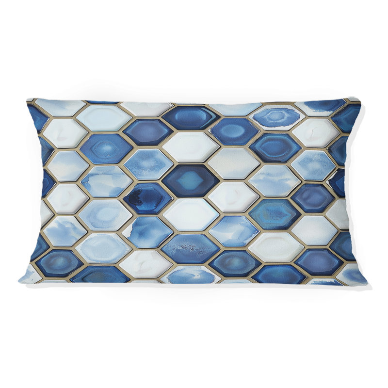 Blue White  Hexagon Print VI - Modern Lumbar Pillow