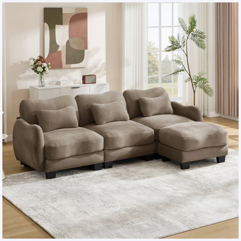 Canapé en L chenille avec repose-pieds mobile, canapé modulaire surdimensionné à 3 places avec 3 coussins de taille, conception ergonomique, assemblage facile, café