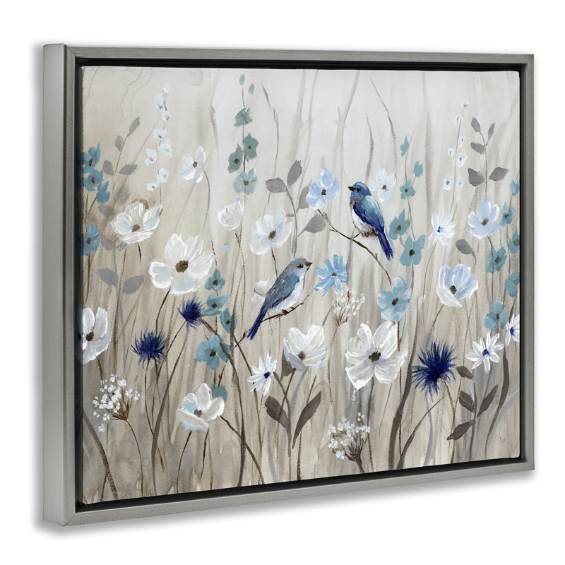 «Birds Floral Meadow Blossoms», toile encadrée flottante grise par Nan, Cadre flottant gris lustré, H 17 po x l 21 po
