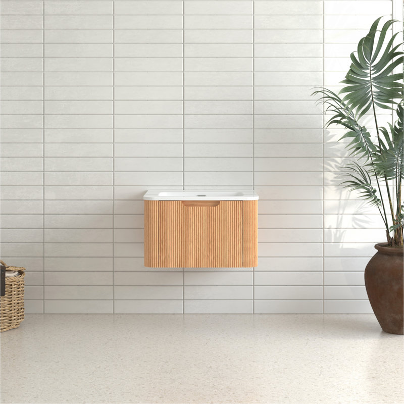 Armoire de salle de bain flottante murale 24 po pré-assemblée à bord arrondi de couleur noyer naturel avec cuve en céramique blanche